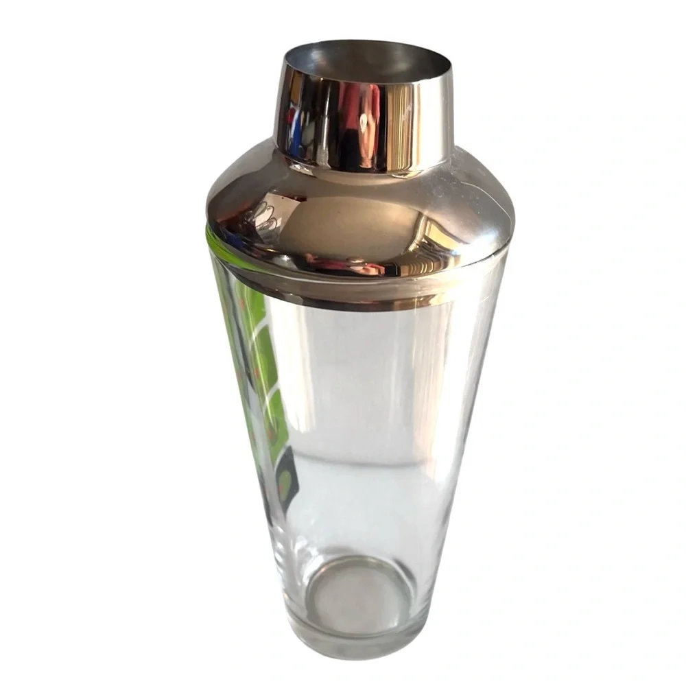 MCM Kitsch VTG Glass Olive Graphics Chrome Cocktail Shaker Martini Mixer**READ